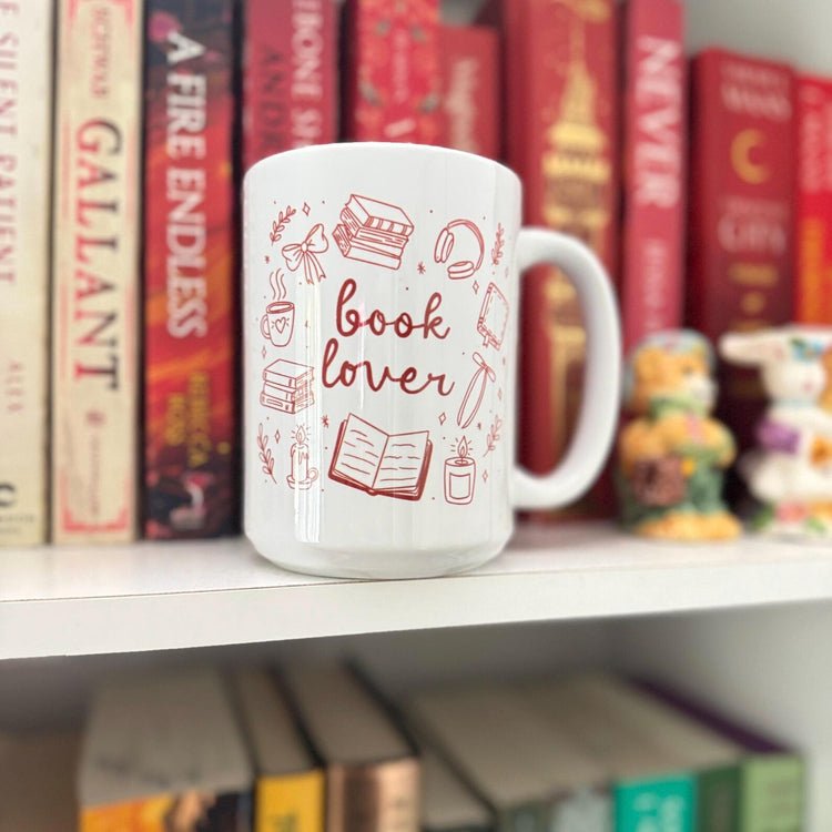 Book Lover Mug – Cozy Red Doodles for Readers & Tea Drinkers