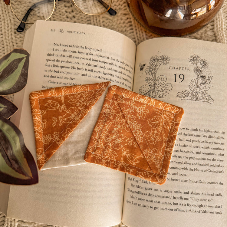 Warm Yellow Floral fabric corner bookmarks, set of 2