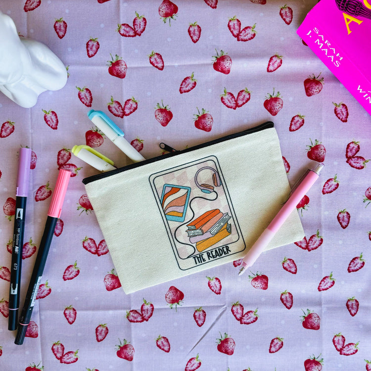 The Reader tarot zipper pouch showing mystical bookish design