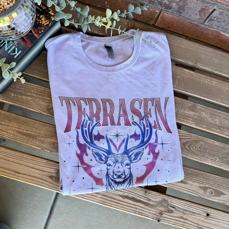 Close-up of Terrasen tee showing vibrant sublimated design and soft fabric.