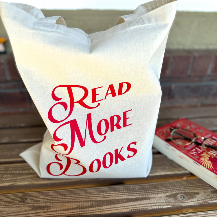 Eco-friendly book lover tote bag in beige with red typography
