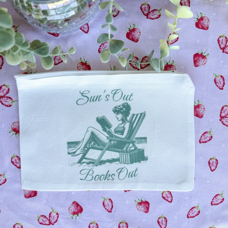 Summer reading book pouch with girl tanning illustration and beach quote