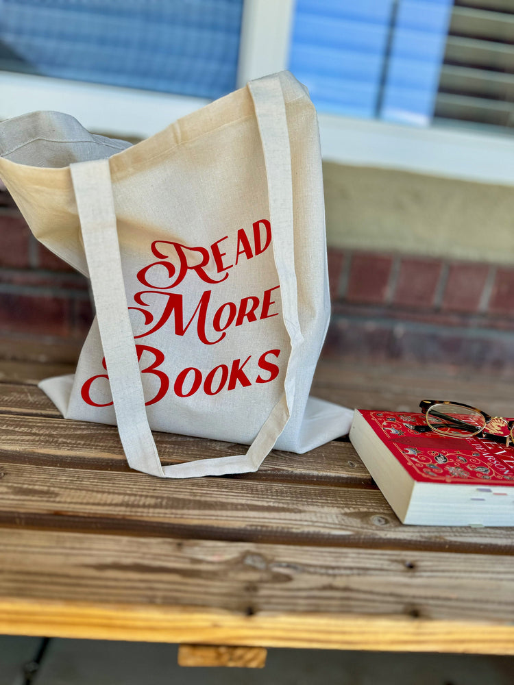Close-up of Read More Books tote showing red vintage lettering detail