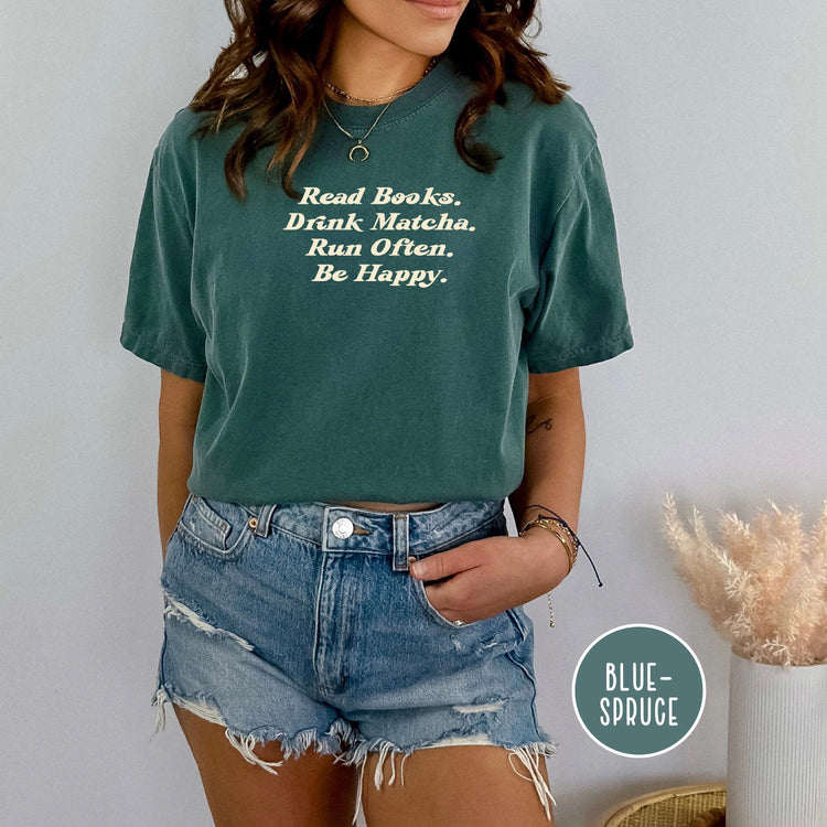 Blue Spruce color variant shown on flat lay with matcha cup.