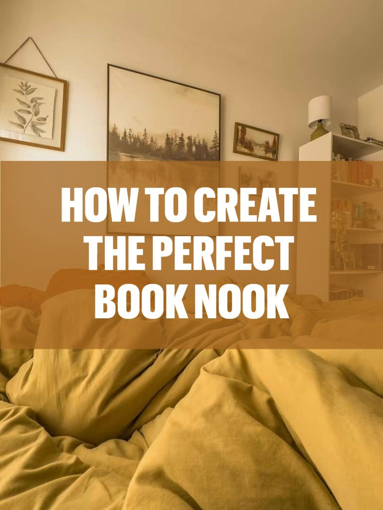 A warm, inviting bed surrounded by soft lighting and a bookshelf, perfect for curling up with your favorite books.