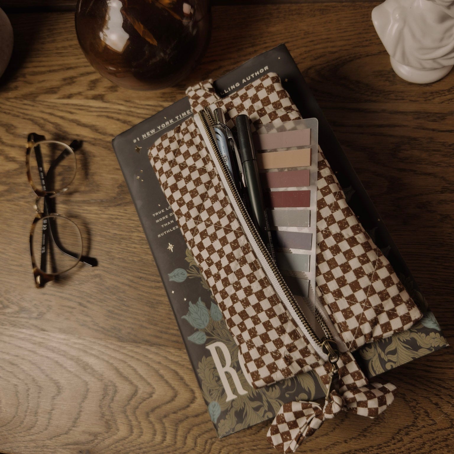 The Annotator’s Pencil Pouch |  Elastic Book Band Case  | Brown Checkered