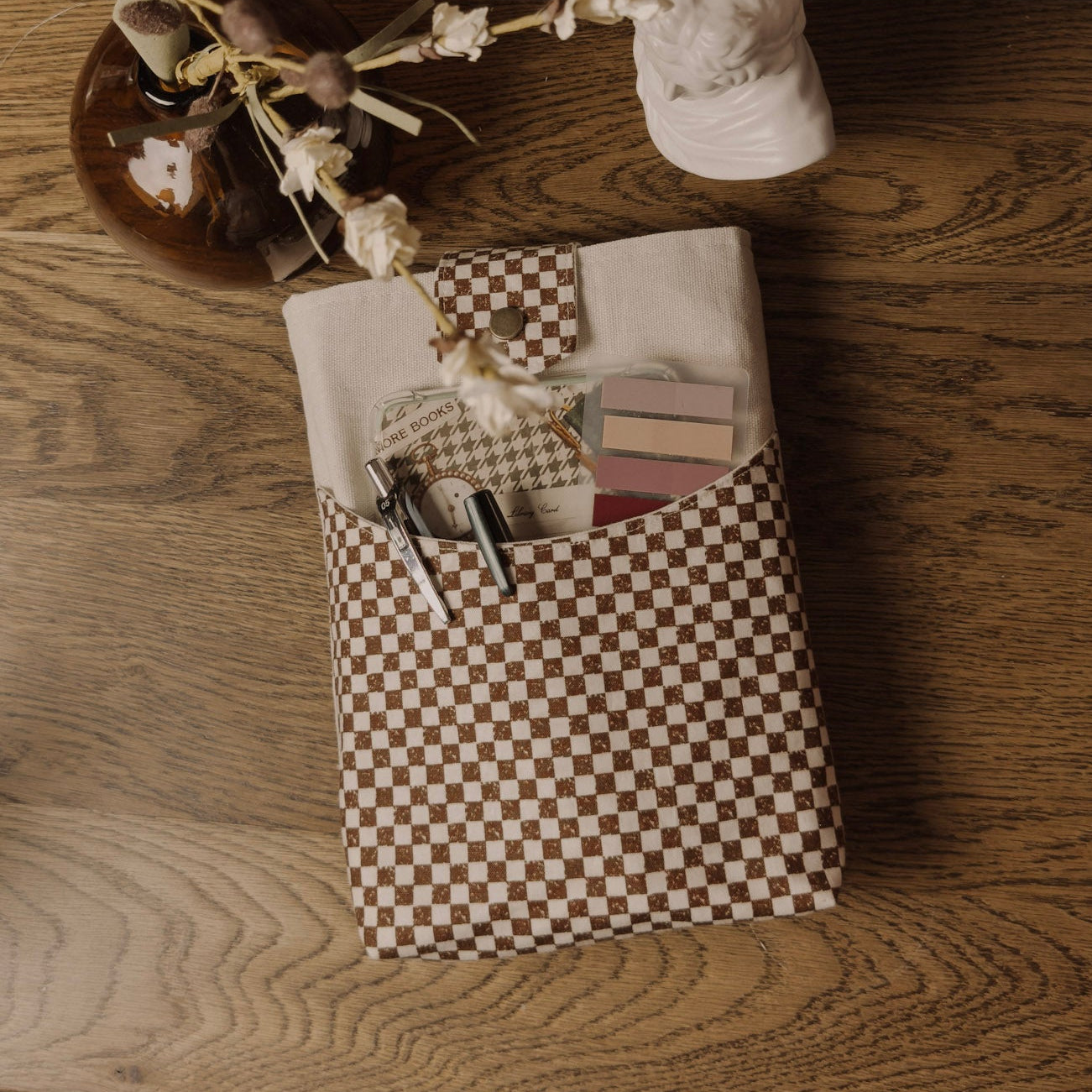 Book Sleeve | Handmade Snap Closure Book Cover — Brown Checkerboard
