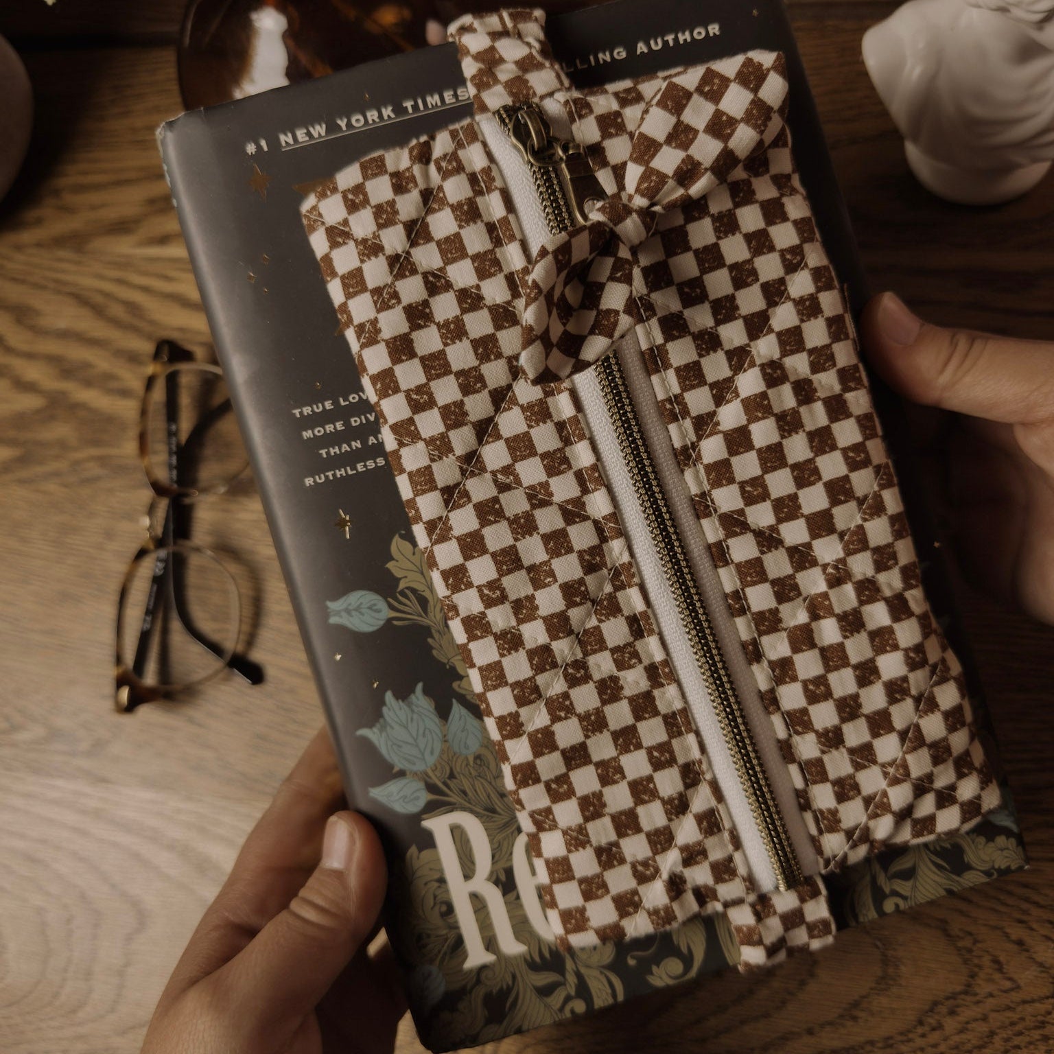 The Annotator’s Pencil Pouch |  Elastic Book Band Case  | Brown Checkered