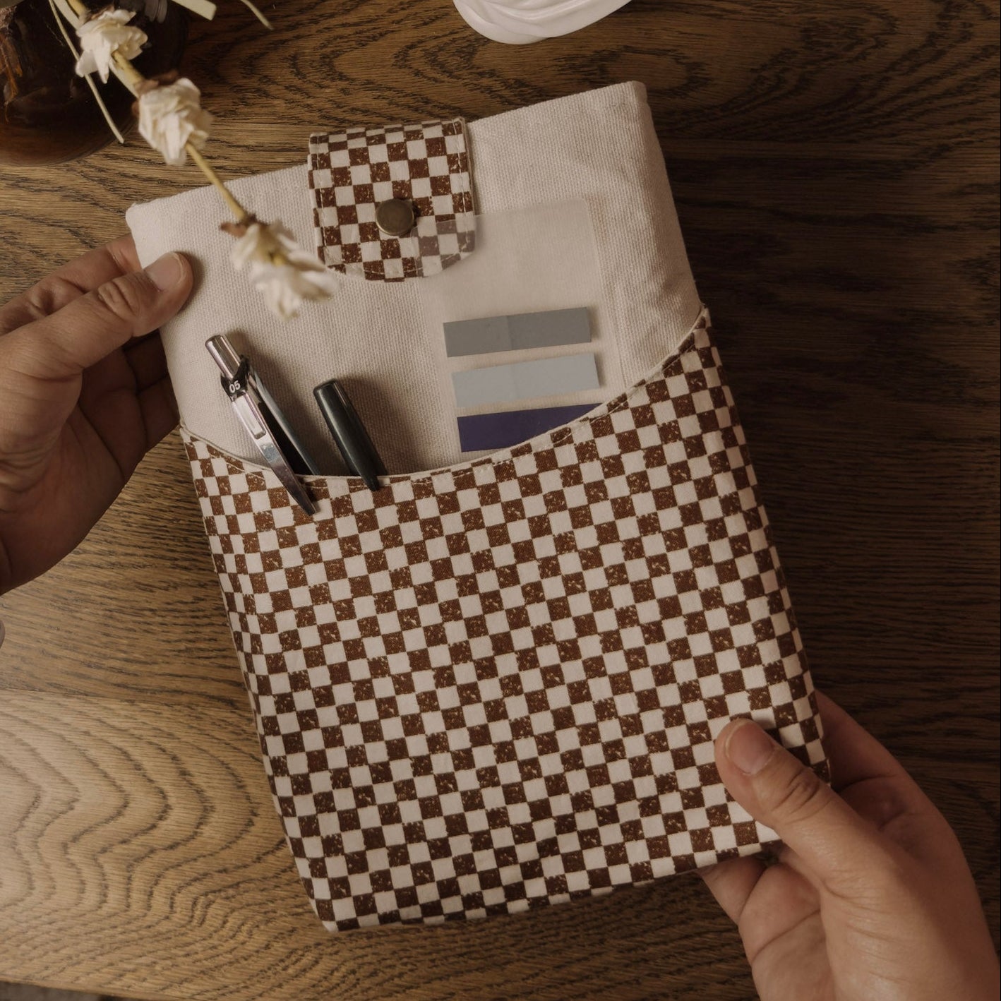 Book Sleeve | Handmade Snap Closure Book Cover — Brown Checkerboard