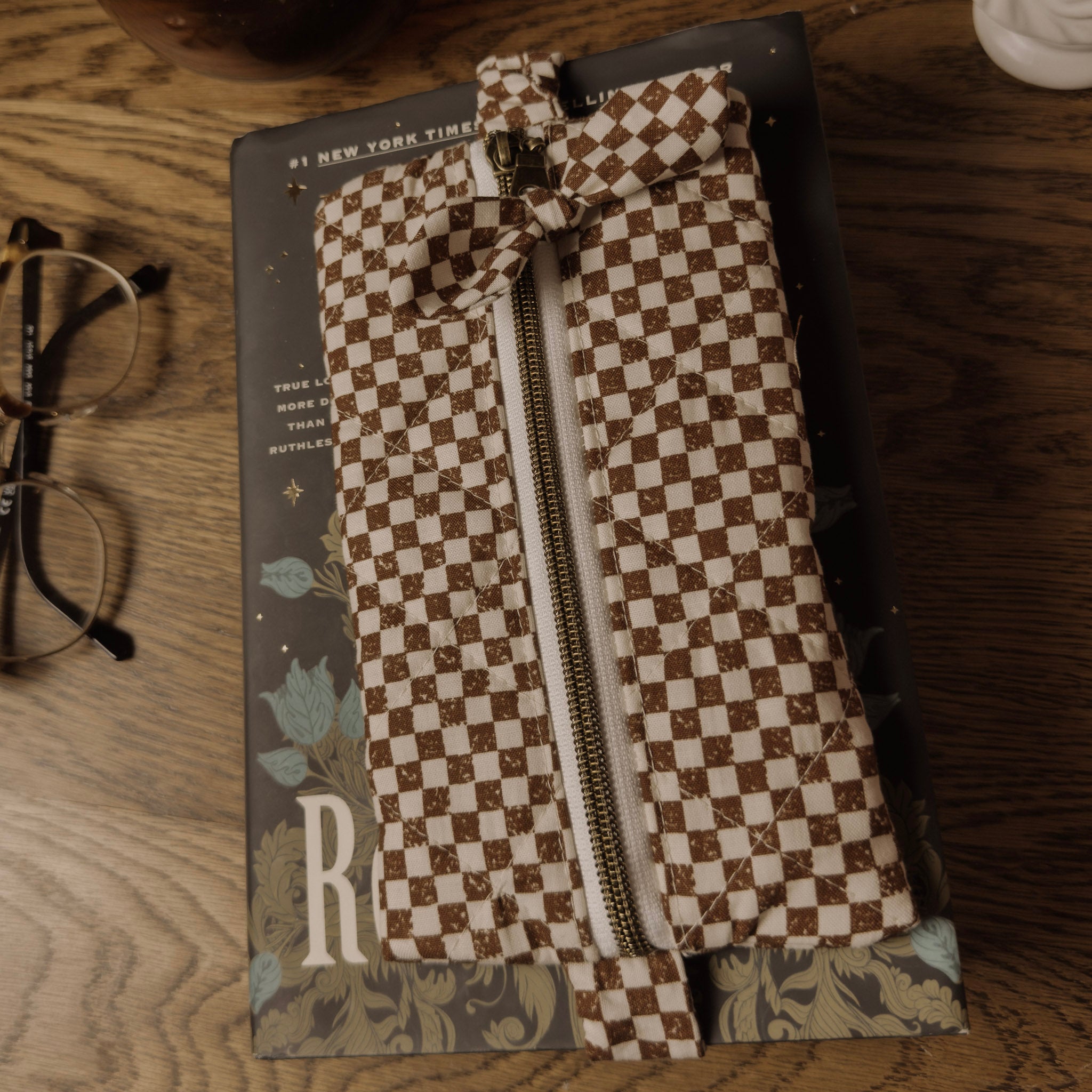 The Annotator’s Pencil Pouch |  Elastic Book Band Case  | Brown Checkered