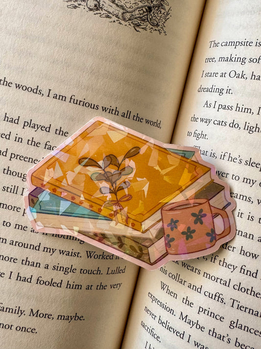 Fall Book Stack Sticker – Holographic Vinyl, Cozy Fall Vibes