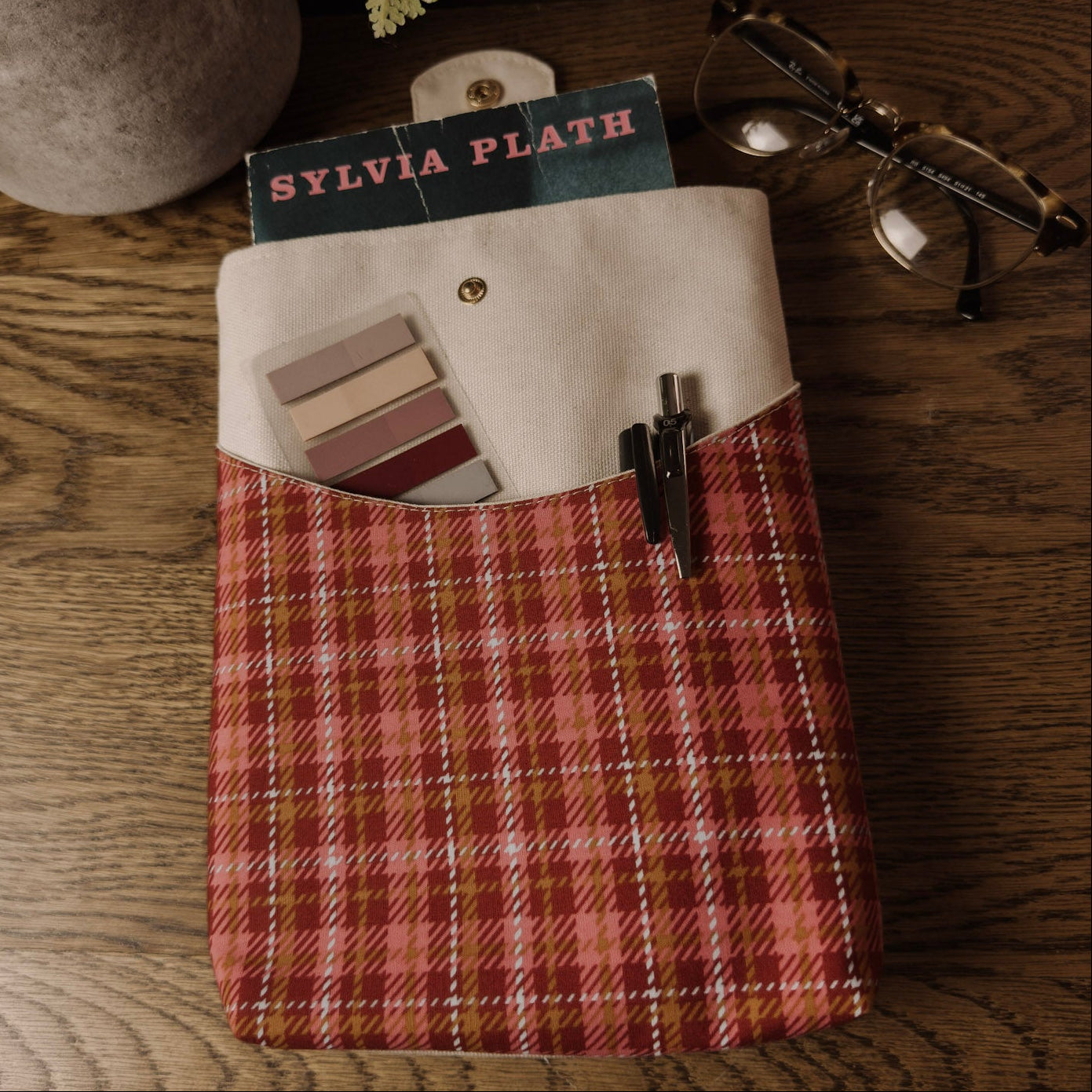 Book Sleeve | Handmade Snap Closure Book Cover — Pink Houndstooth