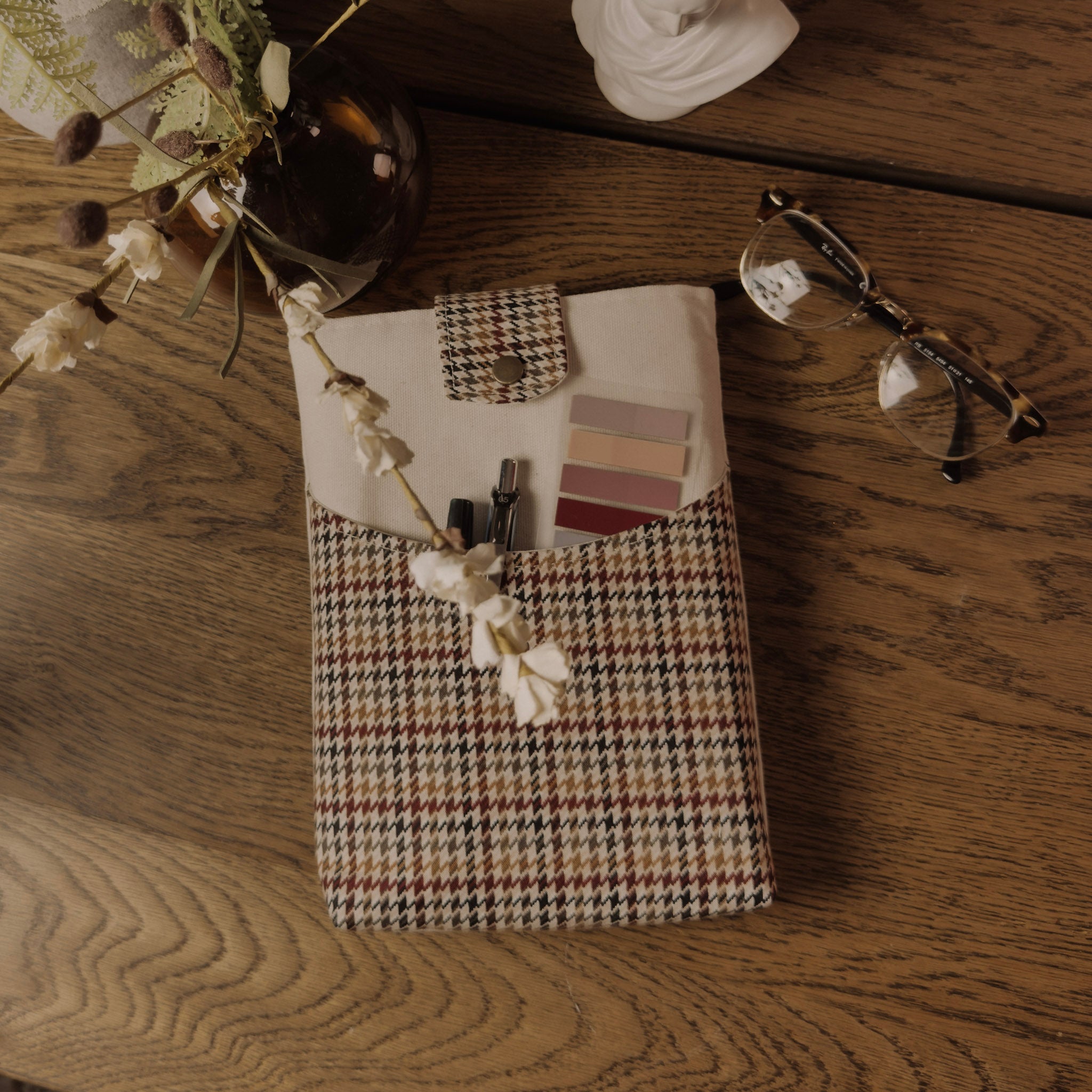 Book Sleeve | Handmade Snap Closure Book Cover —Brown Houndstooth