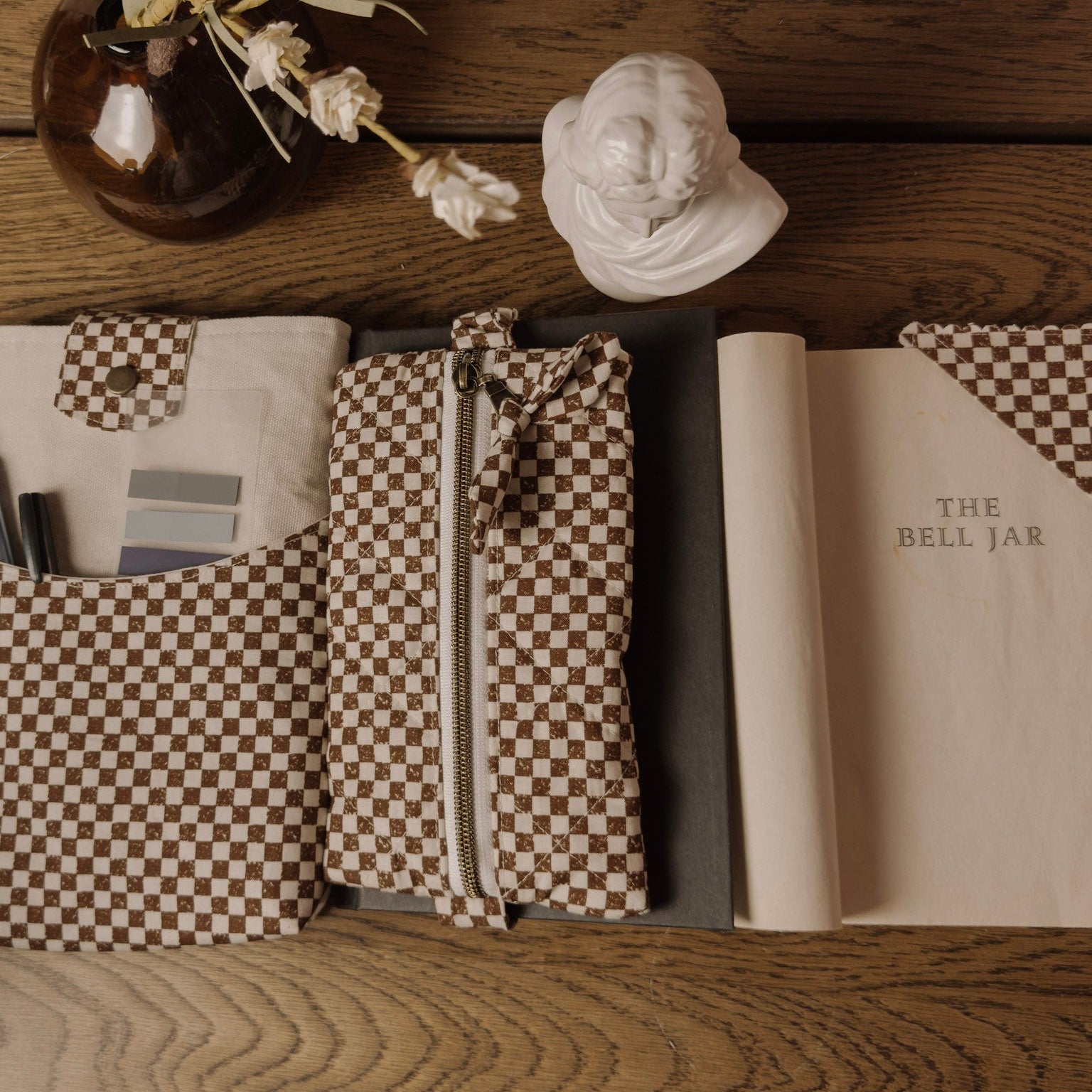 The Annotator’s Pencil Pouch |  Elastic Book Band Case  | Brown Checkered