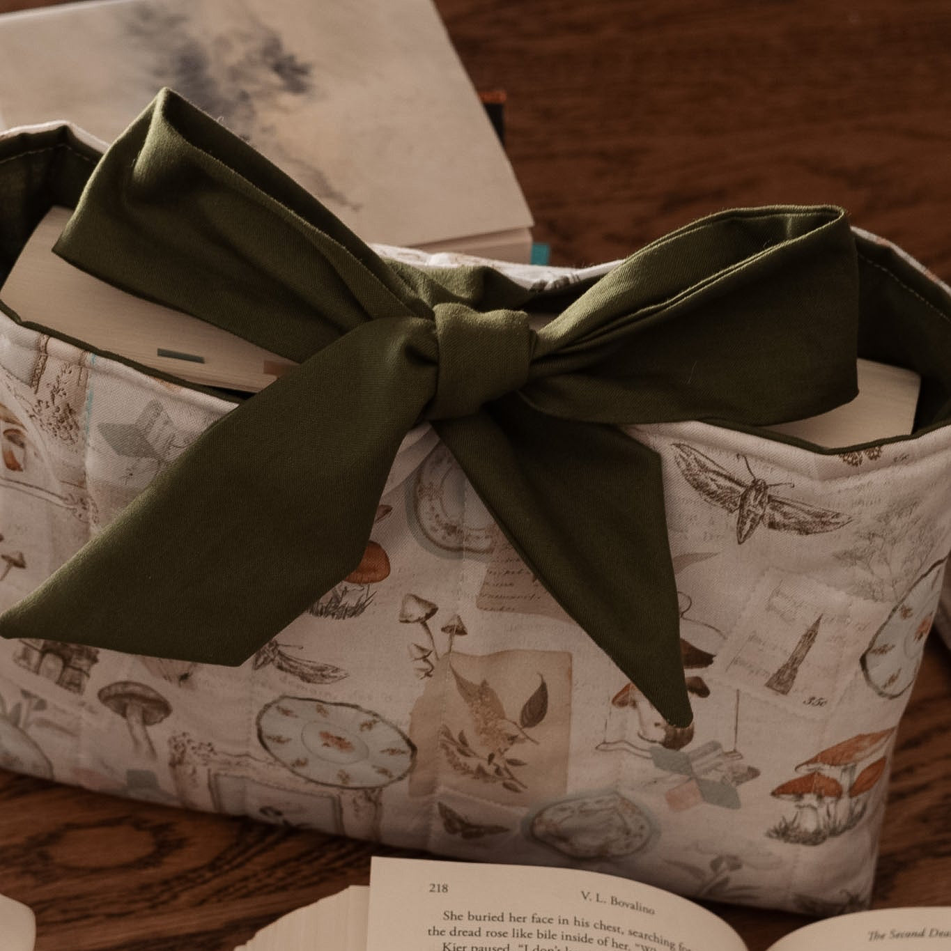 Botanical Book Sleeve with Bow | Handmade Padded Book Cover