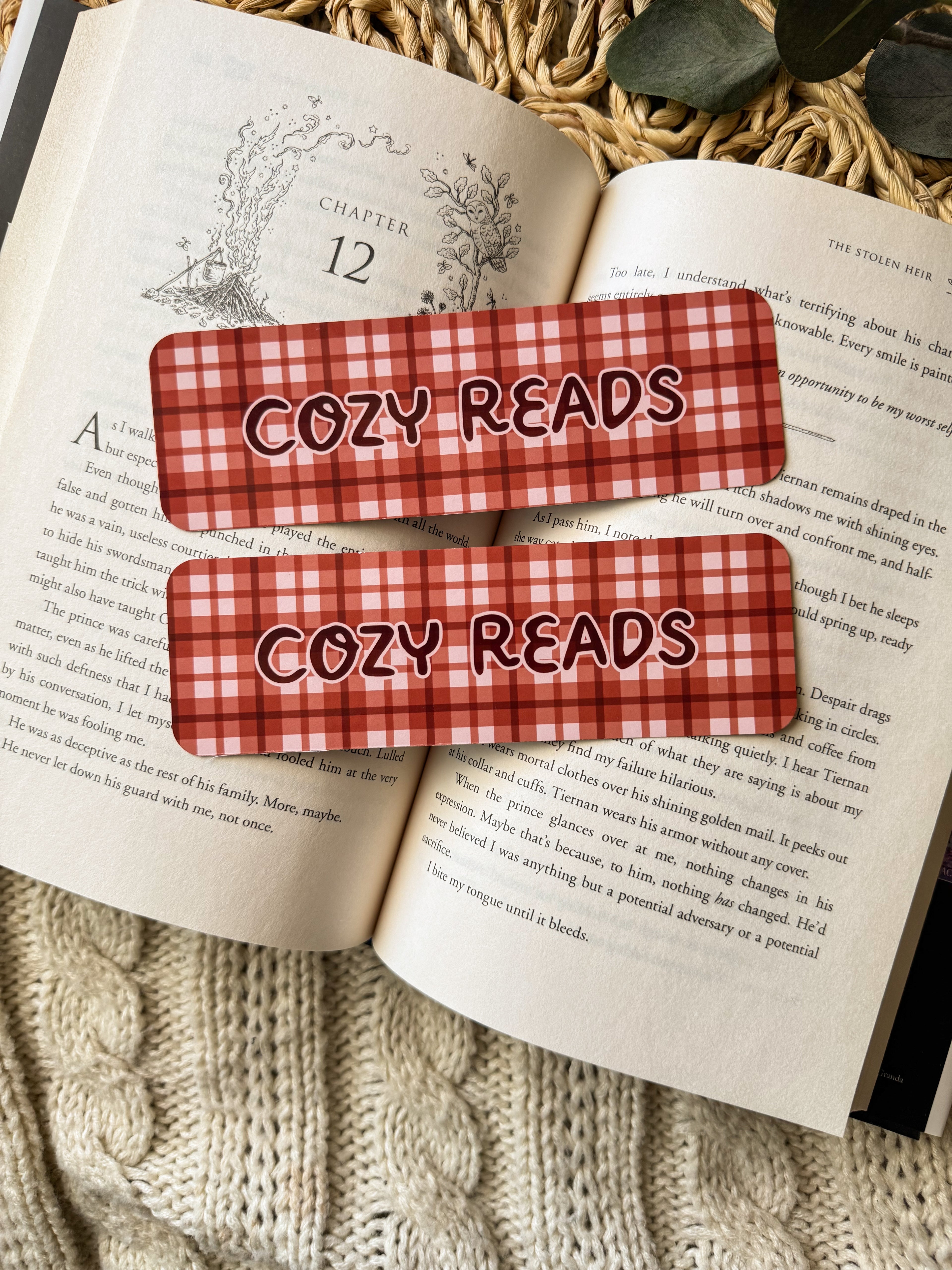Two maroon and white checkered bookmarks with 'Cozy Reads' text on an open book.