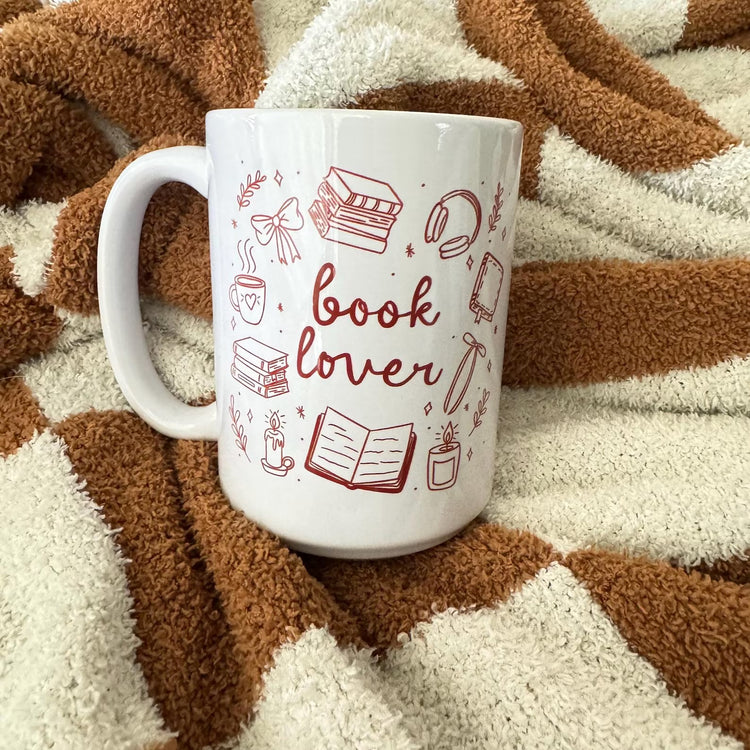 Book Lover Mug – Cozy Red Doodles for Readers & Tea Drinkers