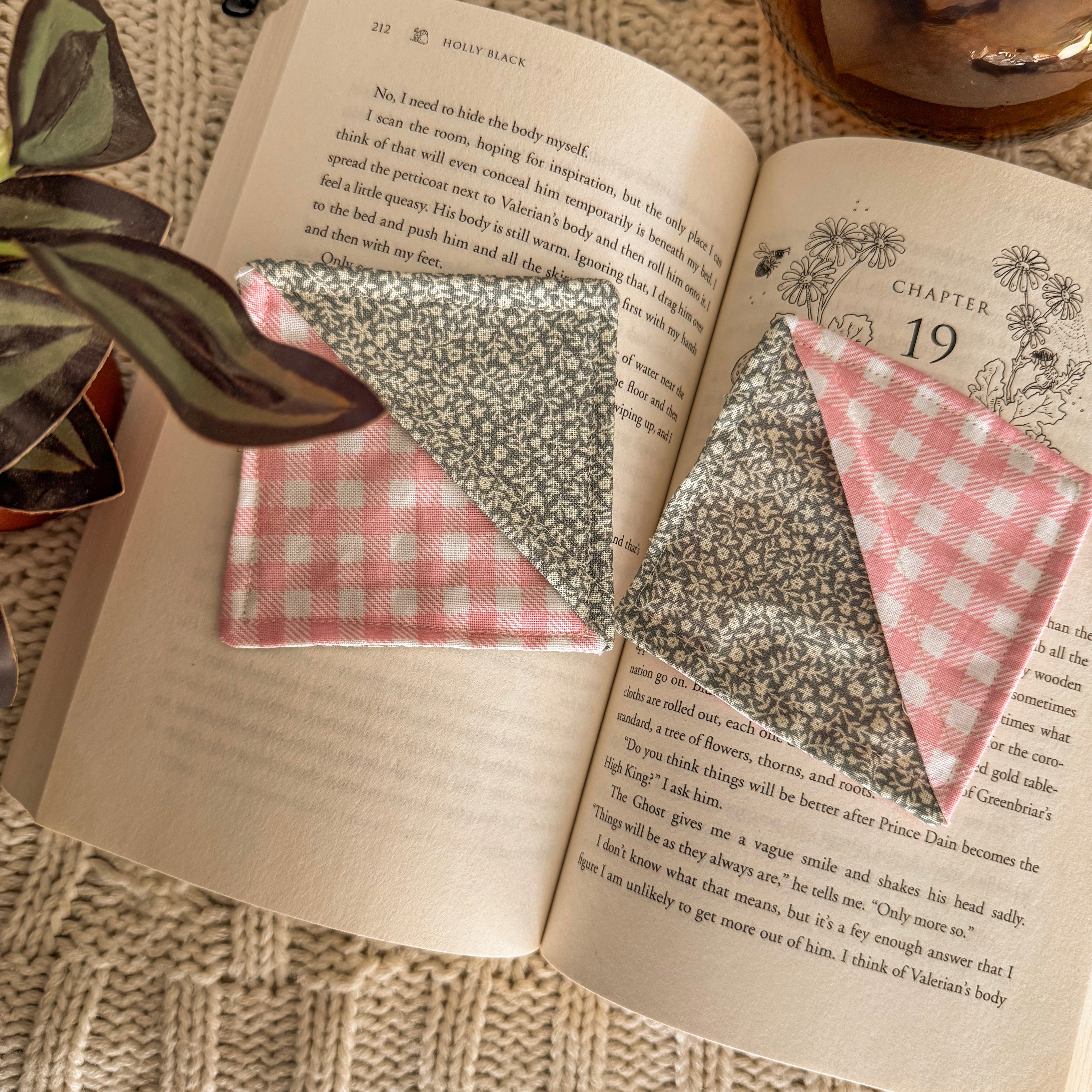 Green floral and pink gingham corner bookmarks set of 2