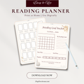 A reading planner printable shown on a light warm-gray background, with two planner pages visible: one blank tracking sheet and one titled 'Reading Goal tracker' page. A white pencil rests on the front sheet.