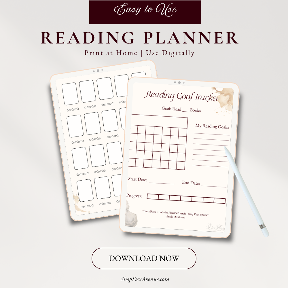 A reading planner printable shown on a light warm-gray background, with two planner pages visible: one blank tracking sheet and one titled 'Reading Goal tracker' page. A white pencil rests on the front sheet.
