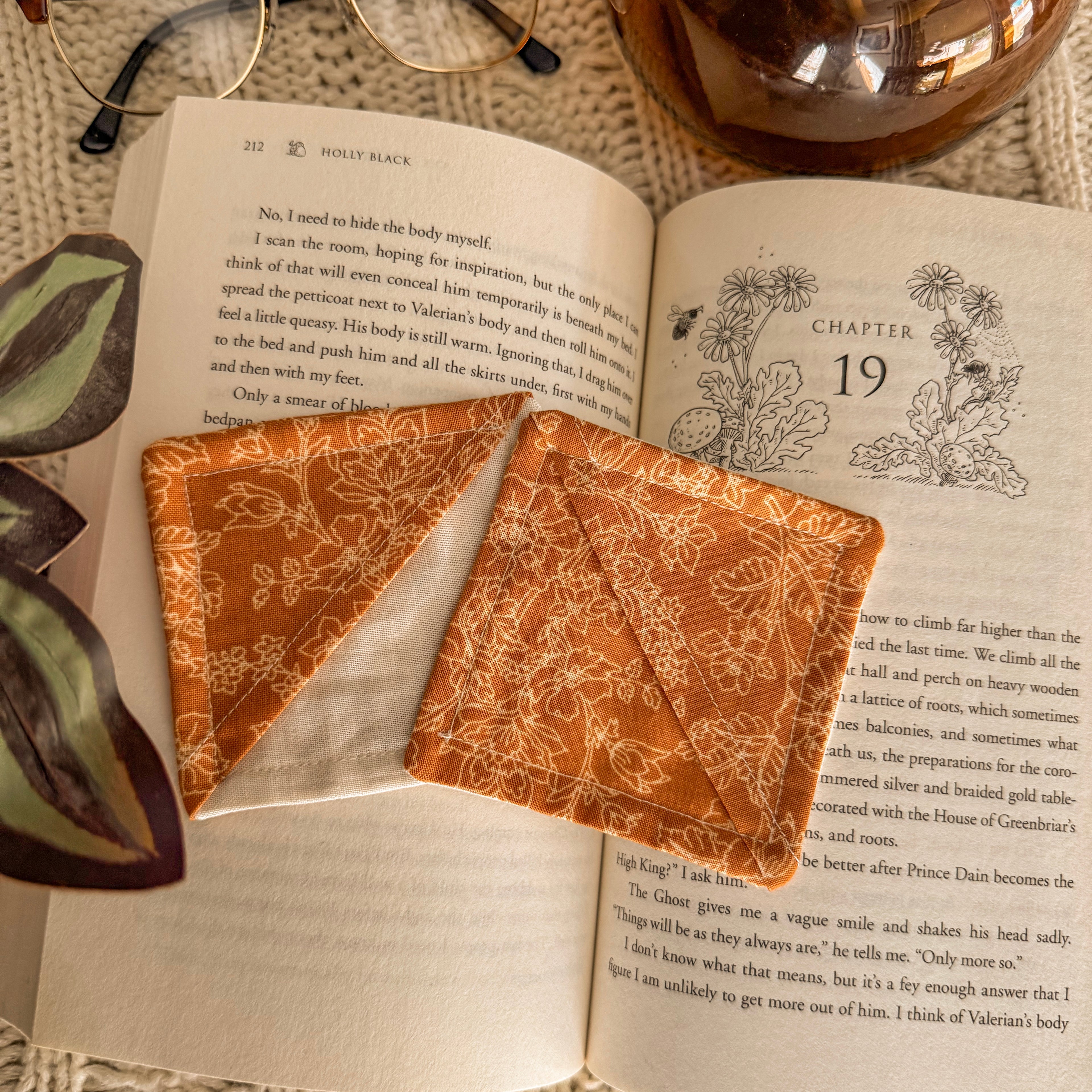 Warm Yellow Floral fabric corner bookmarks, set of 2