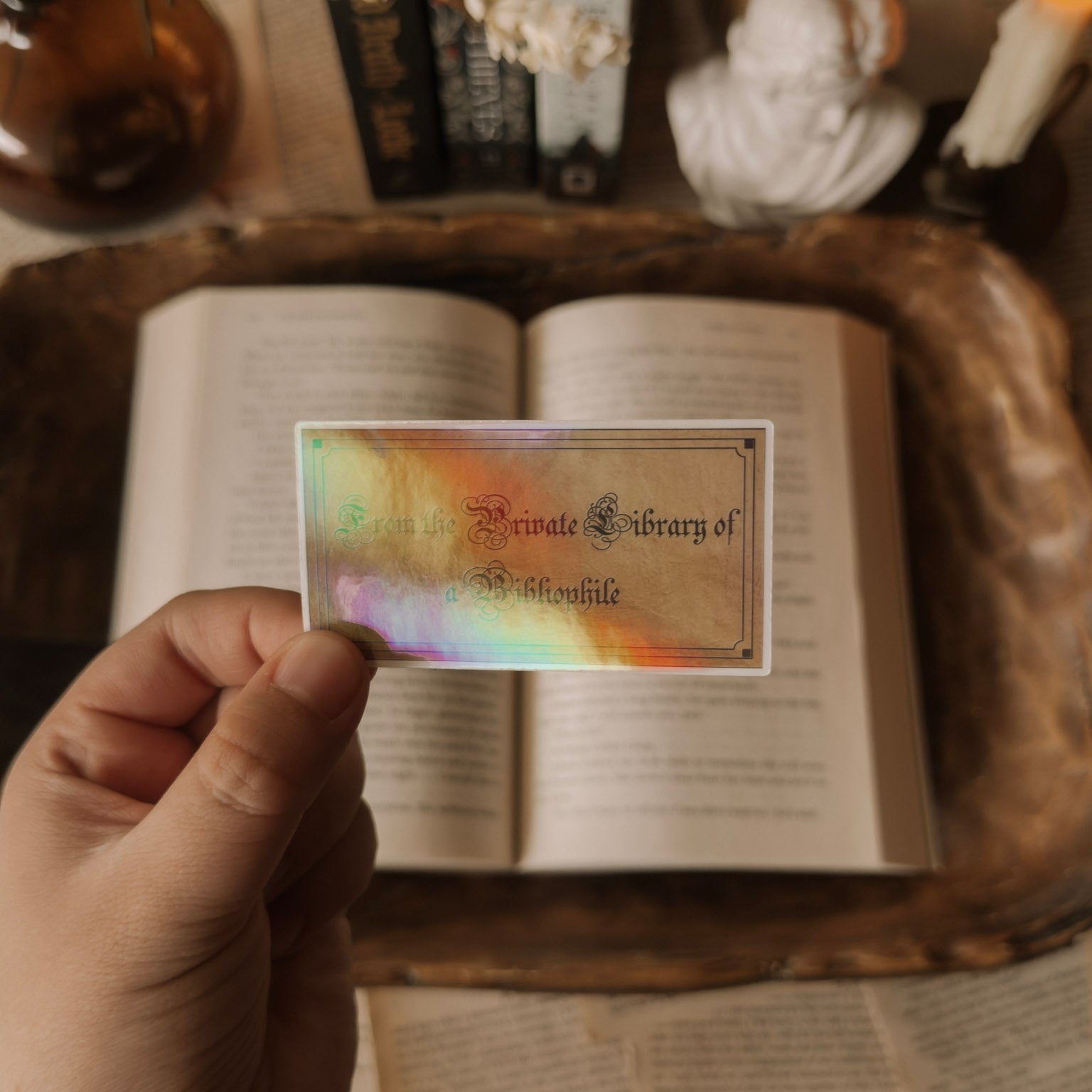Hand holding a holographic 'Private Library' sticker over an open book with dark academia decorative items.