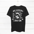 Detailed back view of the Bookish World Tour Tee by Dex Avenue, featuring a white skull graphic, 'Well-Read & Rebelling' text, and a list of book genres in a band tee style.