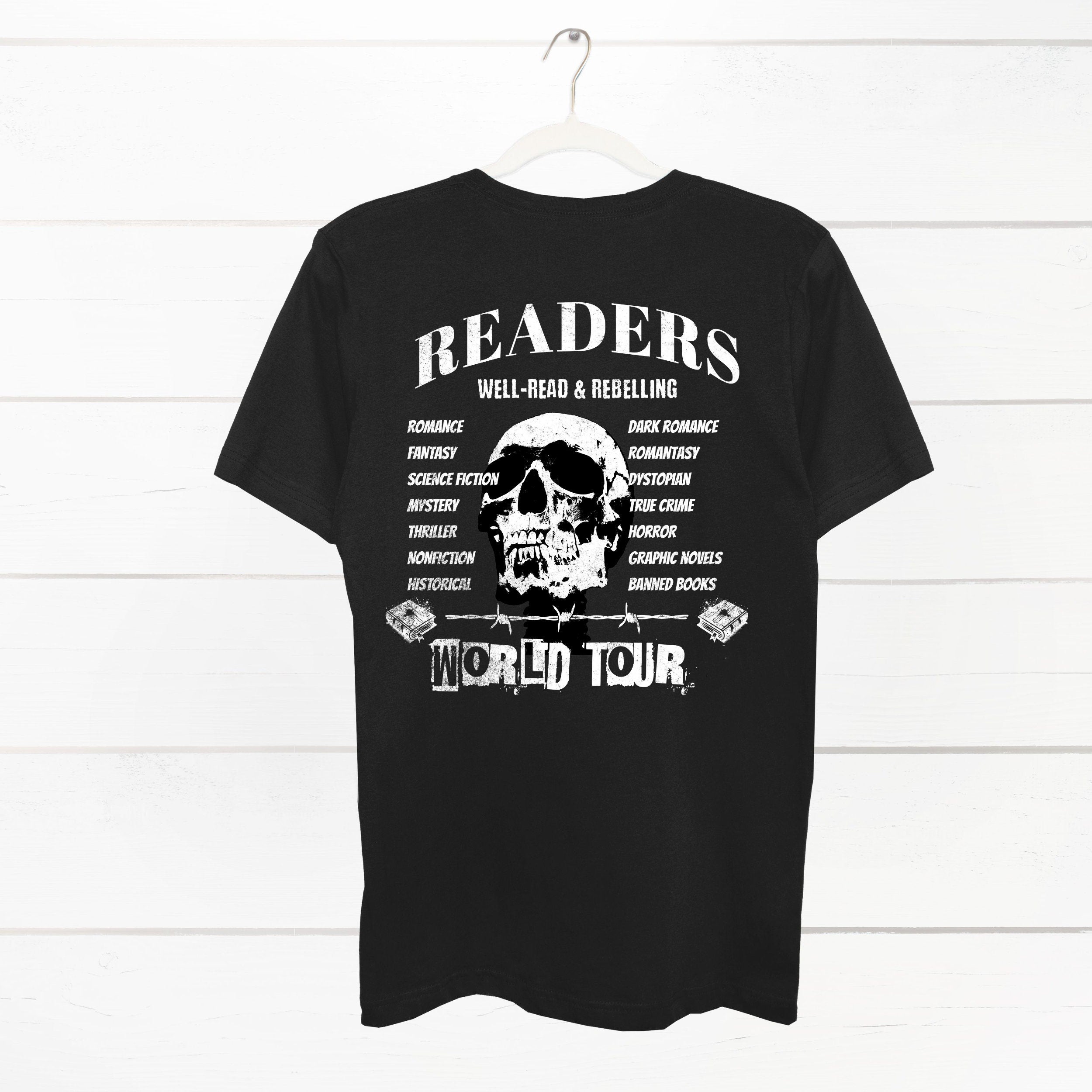 Detailed back view of the Bookish World Tour Tee by Dex Avenue, featuring a white skull graphic, 'Well-Read & Rebelling' text, and a list of book genres in a band tee style.