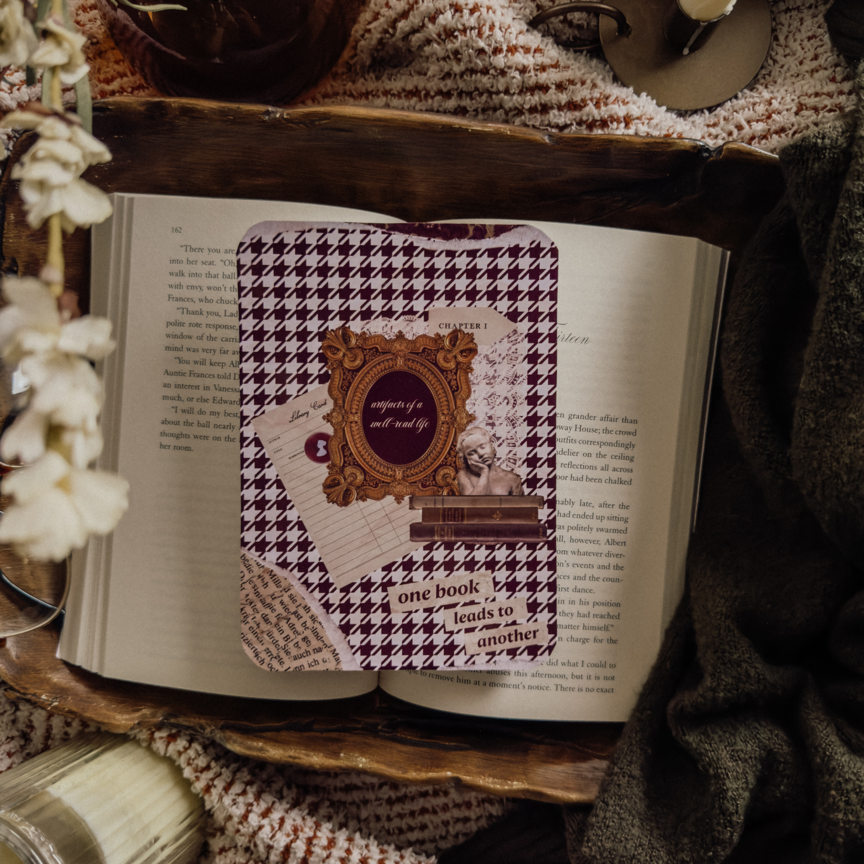 Dark Academia Kindle insert featuring a classic maroon houndstooth pattern and a vintage portrait frame collage, styled as a handmade e-reader accessory.