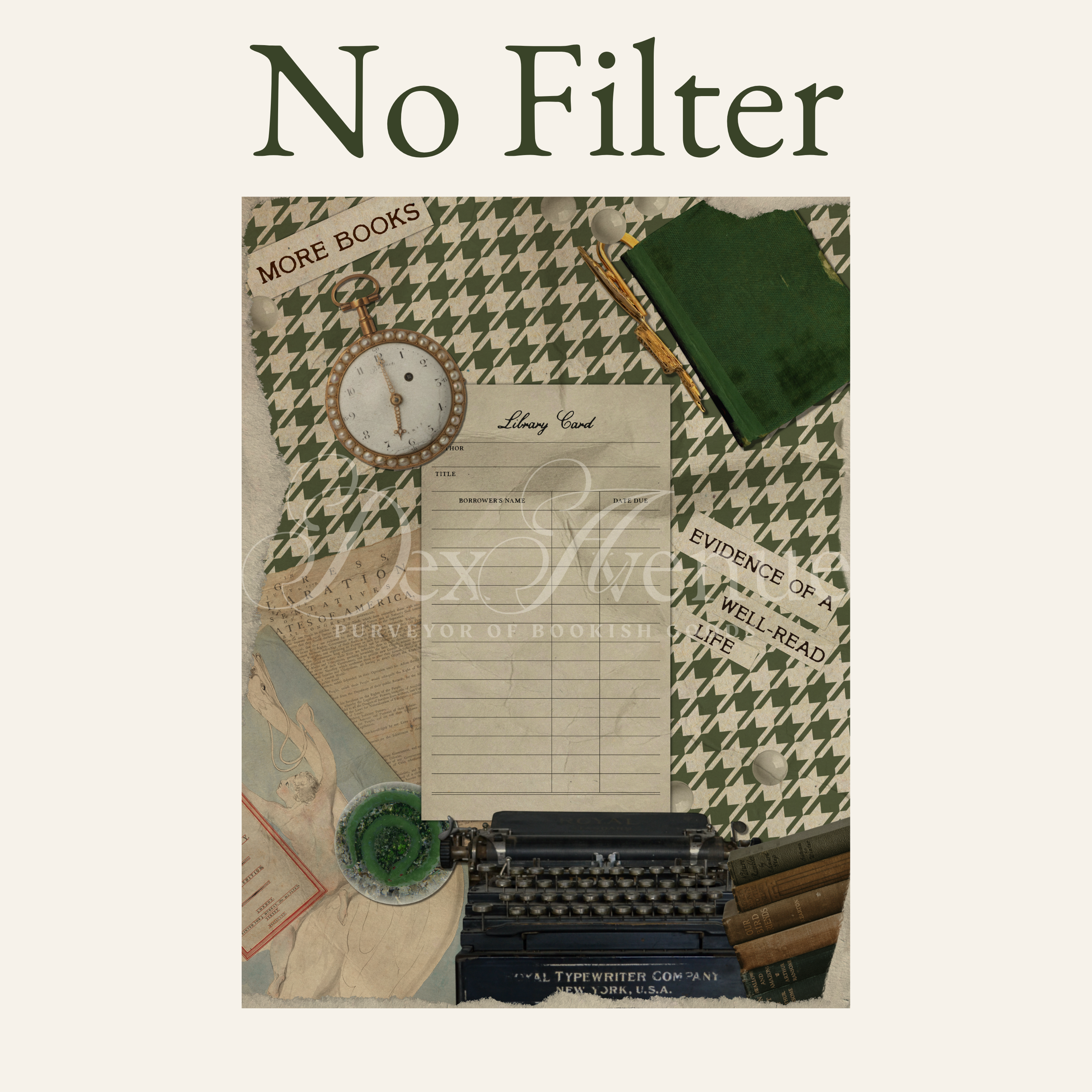 Unfiltered close-up of the Dark Academia Light Kindle insert, showing the realistic cream and brown tones of the vintage typewriter and library card collage.