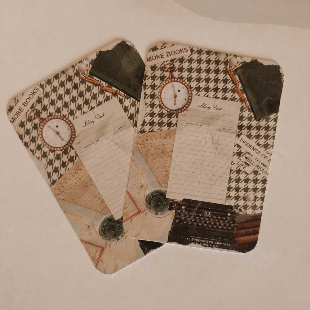 Dark Academia aesthetic Kindle insert featuring a vintage typewriter, library cards, and houndstooth patterns in a moody, warm-toned flat lay.