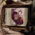 Dark Academia Kindle insert featuring a vintage collage of stacked books, deep plum roses, and an iced coffee, styled in a cozy library setting with an open book and glasses.