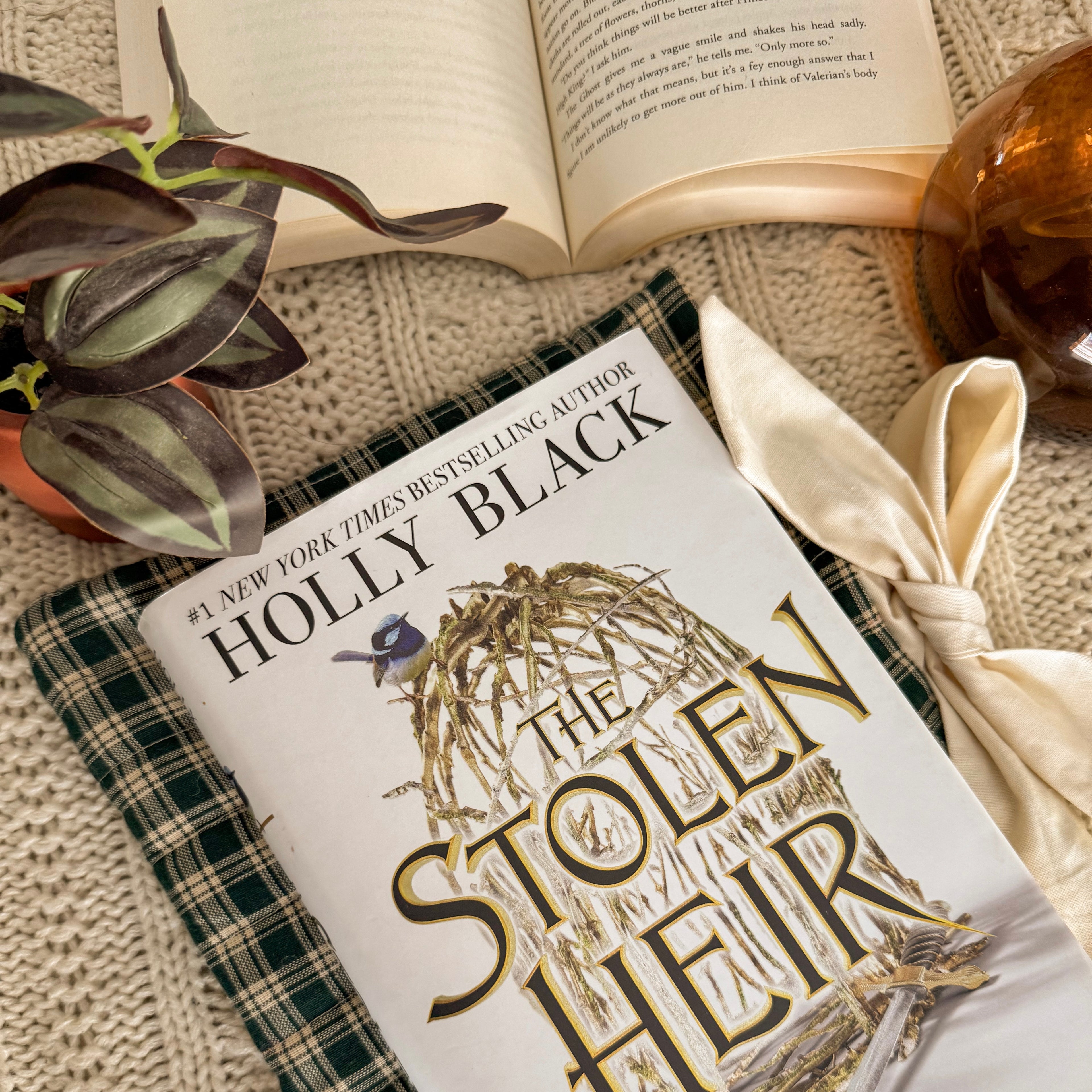 Handmade green gingham Quilted Book Sleeve with Bow protecting a copy of 'The Stolen Heir' by Holly Black, styled in a cozy reading nook with a leafy plant.