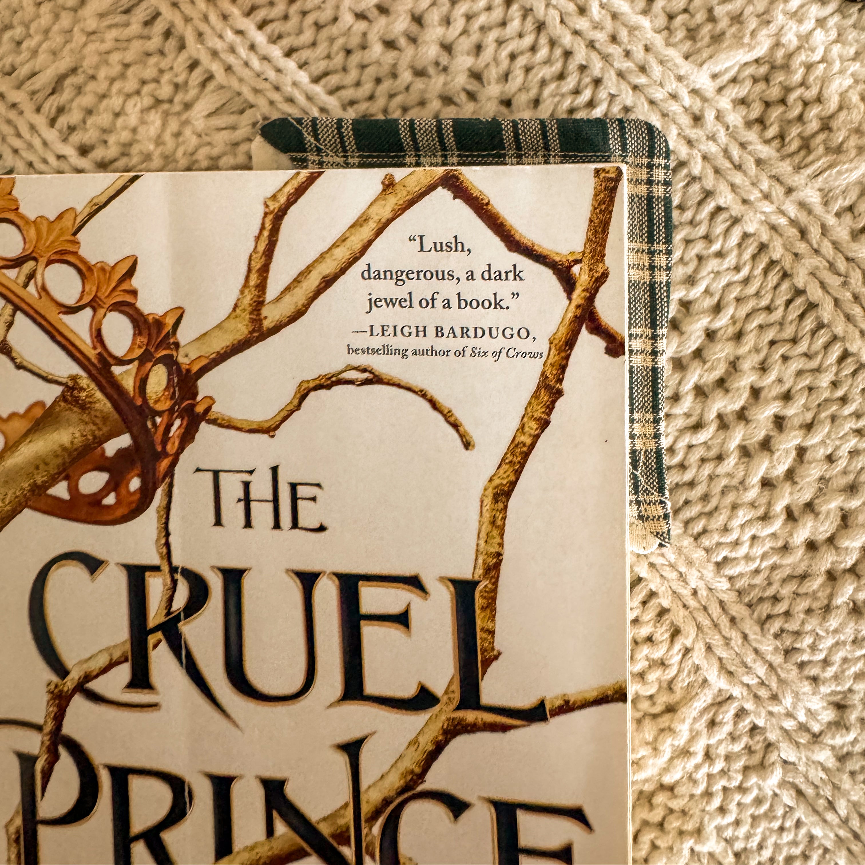 A green plaid fabric corner bookmark holding a page in 'The Cruel Prince' by Holly Black. The scene is styled on a textured cream knit blanket, capturing a quiet, archival reading moment.