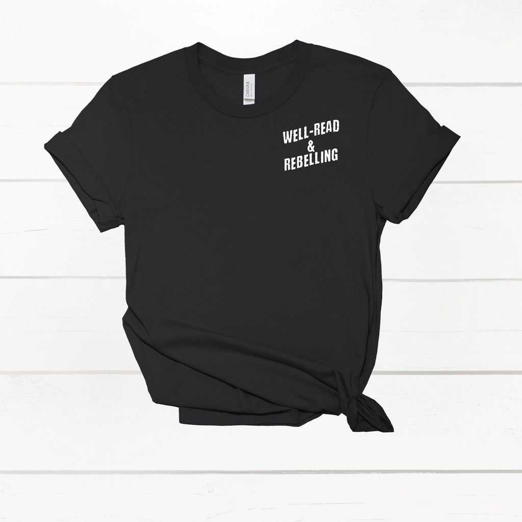 Close-up of world-tour inspired bookish tee showing soft cotton texture and graphic details.