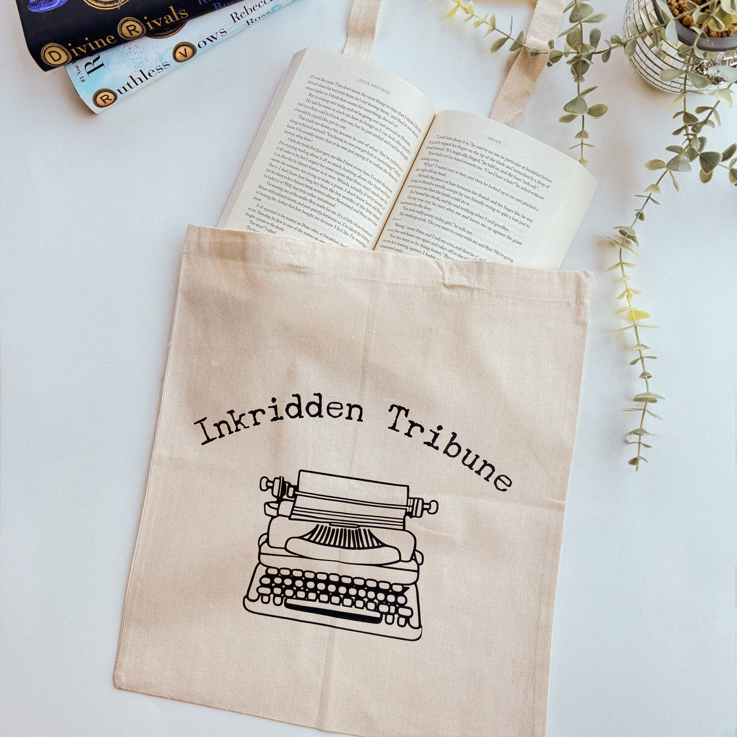 Book lover tote featuring Divine Rivals inspired vintage newspaper print