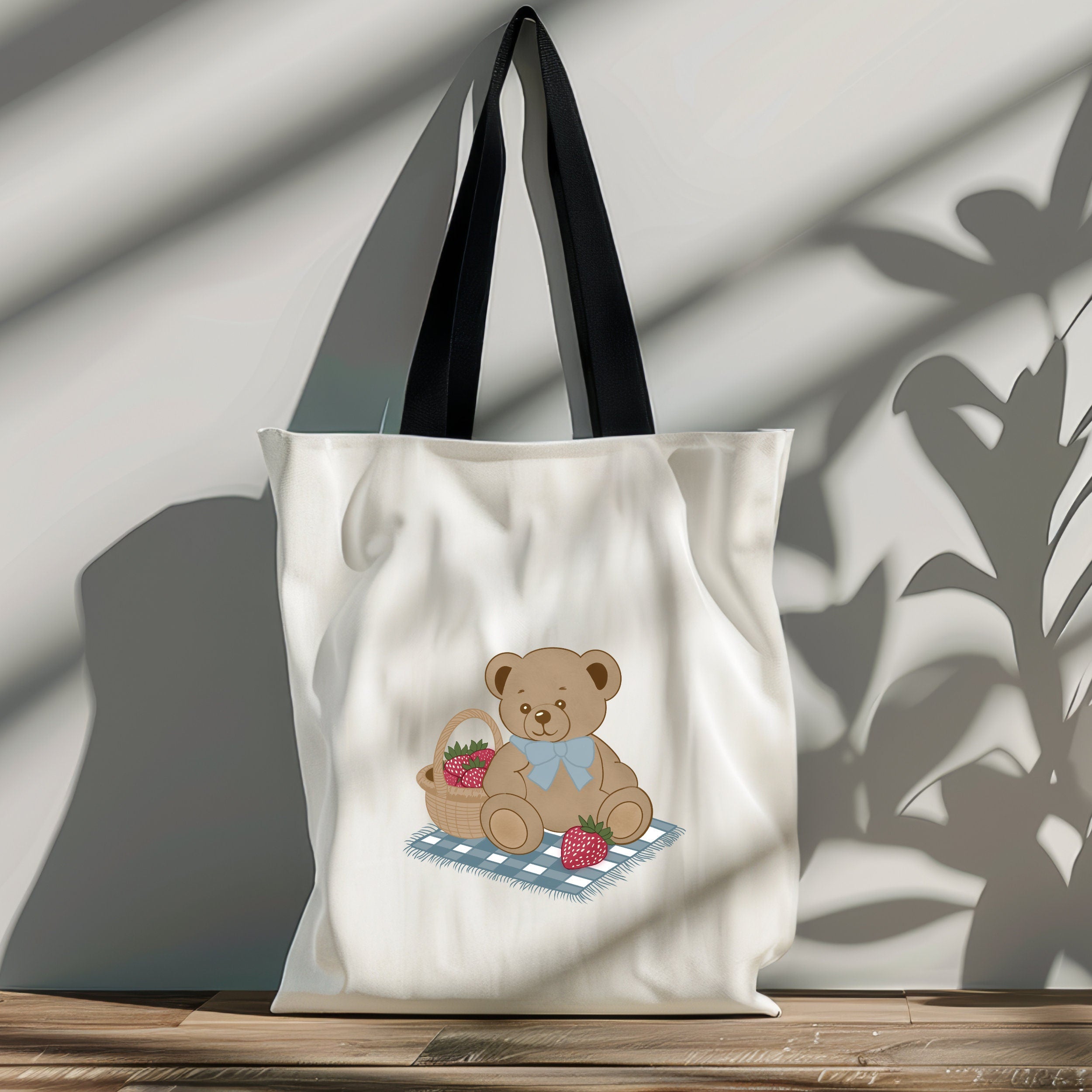 Canvas tote bag with teddy bears, strawberries, and books in coquette pastel colors