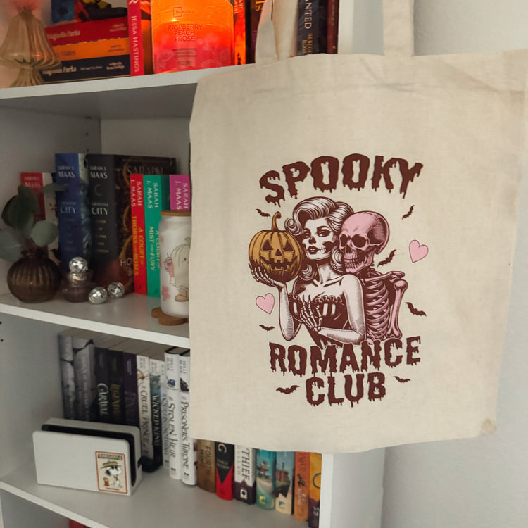 Canvas tote bag with spooky retro vintage design for Halloween reading