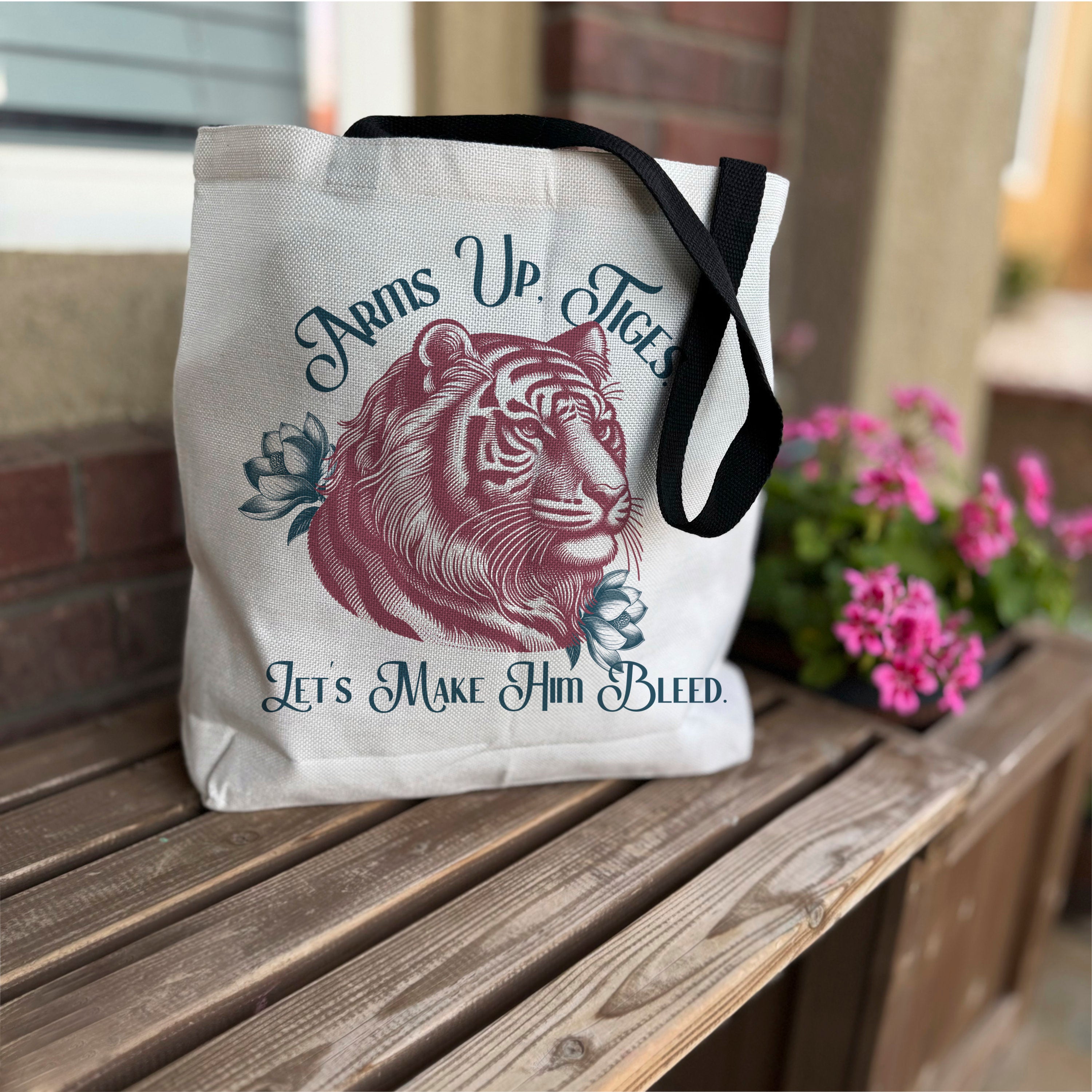 White canvas tote bag with Magnolia Parks series inspired design