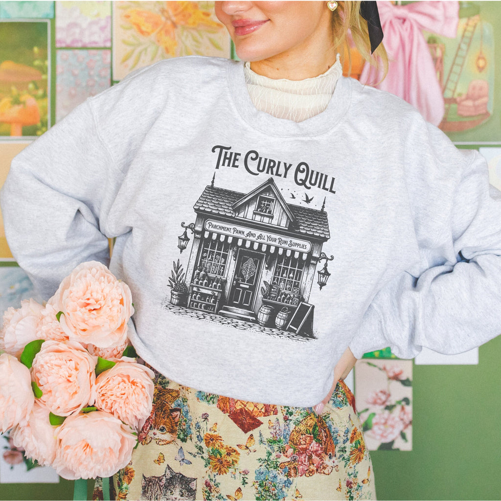 A model wearing a bookish sweatshirt styled for a cozy reading moment.