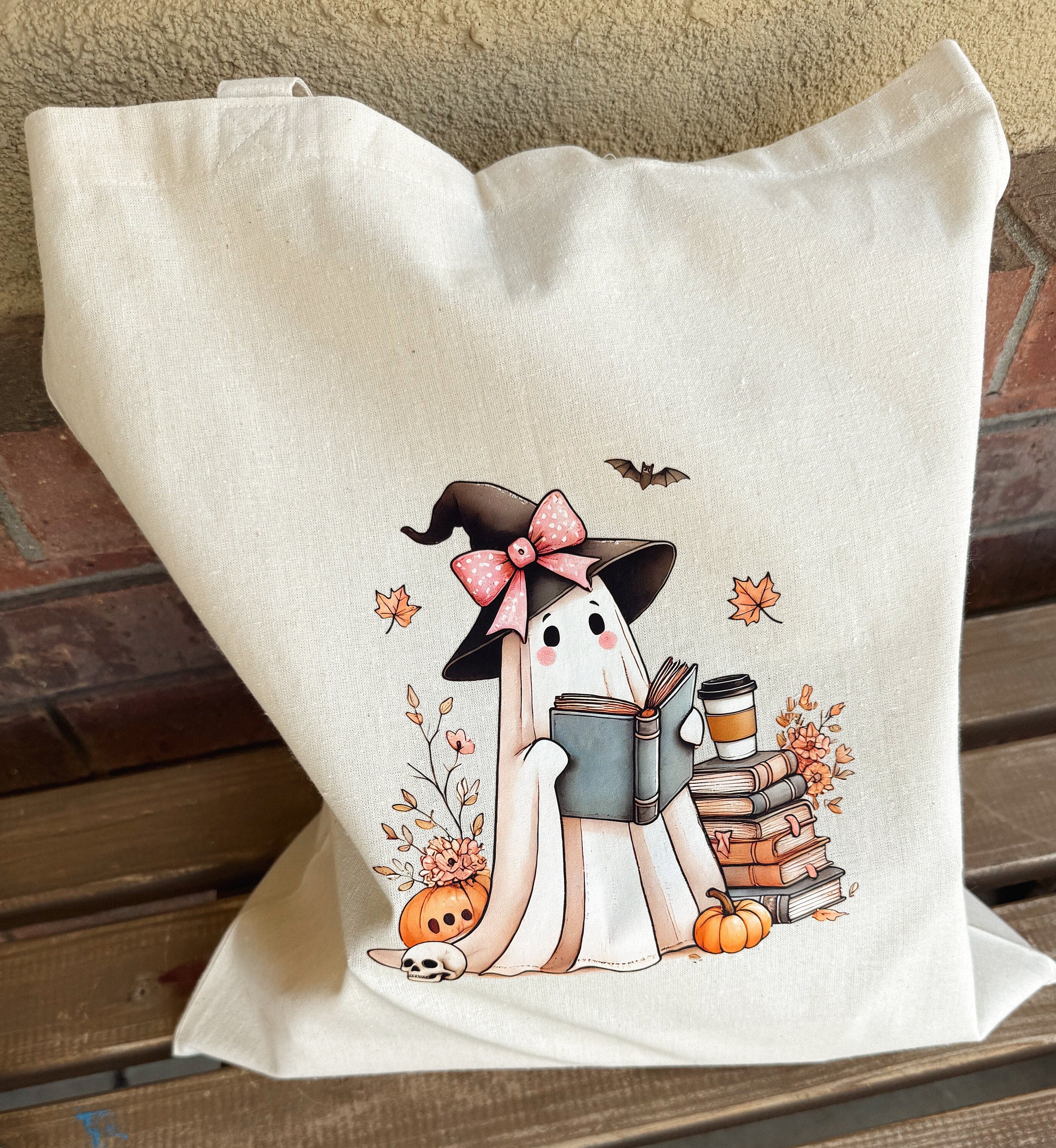 Canvas tote bag with cute ghosts and autumn leaves for fall reading