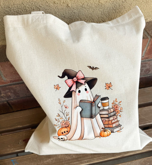 Canvas tote bag with cute ghosts and autumn leaves for fall reading