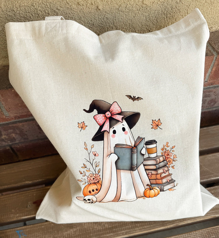 Canvas tote bag with cute ghosts and autumn leaves for fall reading
