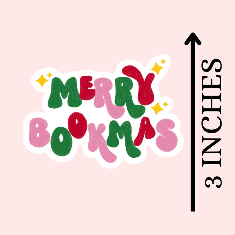 Colorful text 'MERRY BOOKMAS' with an arrow and measurement on a pink background