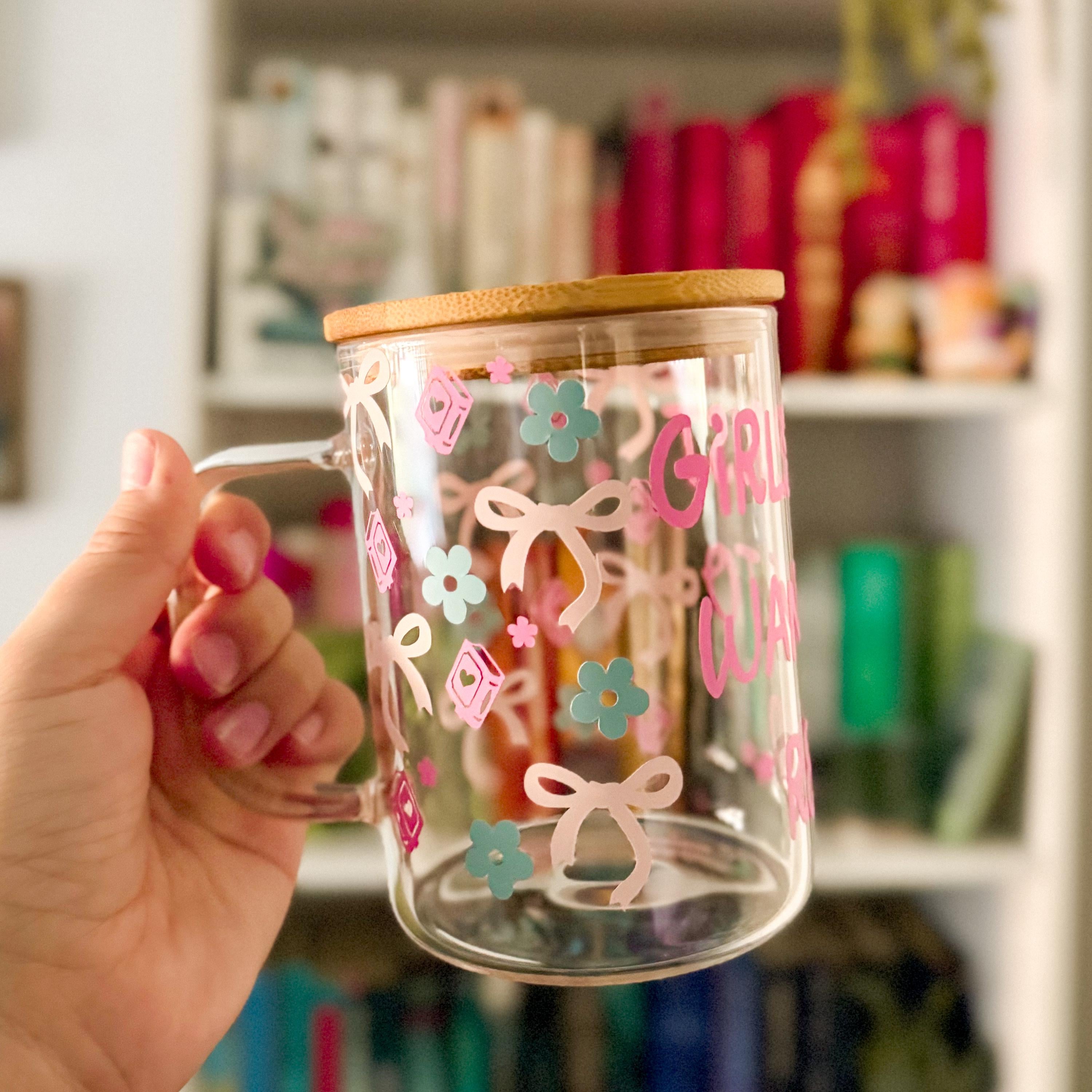 Girls Just Want to Read Mug – Glass Cup with Lid, Cute Bookish Gift, Pastel Aesthetic Coffee Cup, Cozy Reader Mug, Book Lover Gift