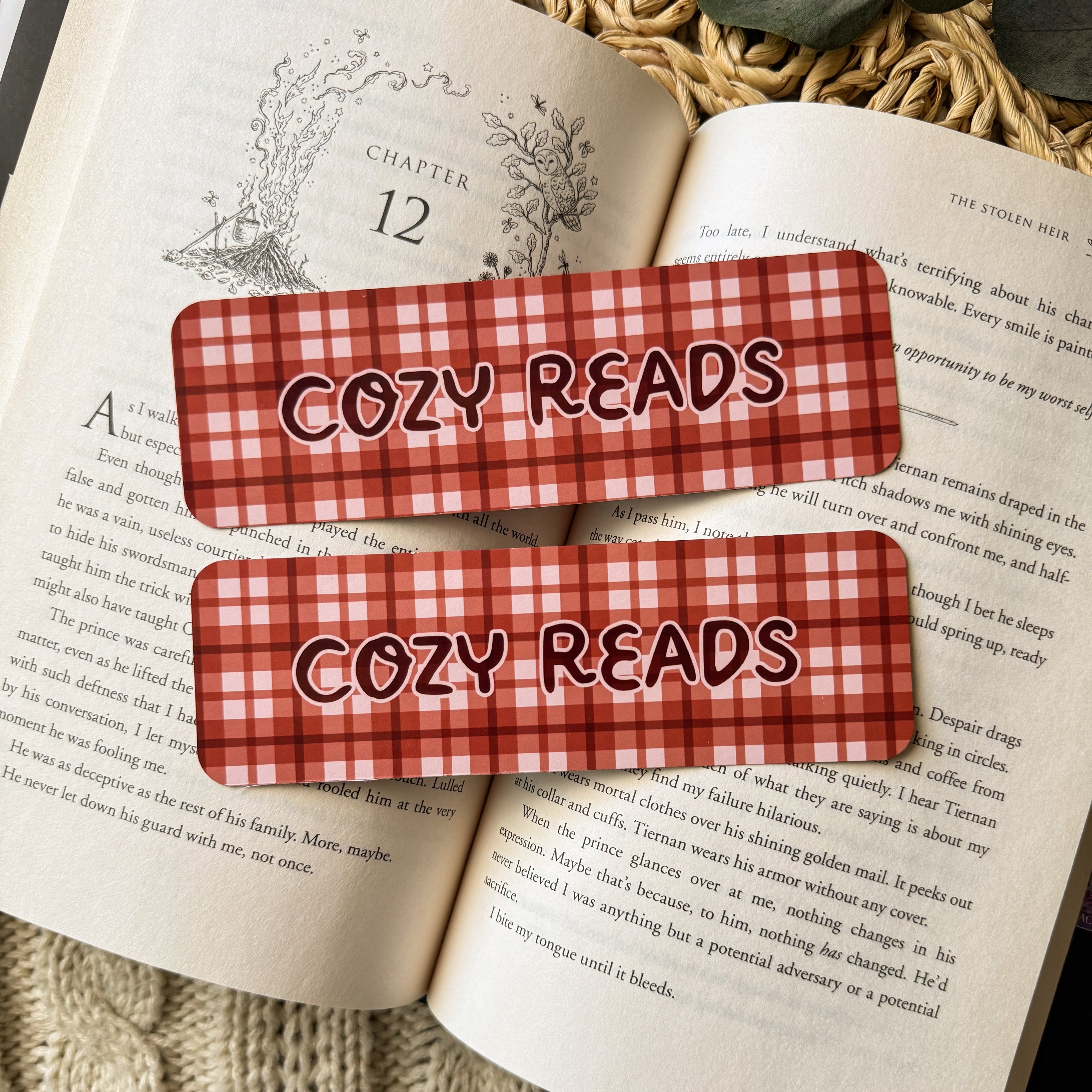 Two maroon and white checkered glossy bookmarks featuring the text 'Cozy Reads' resting on an open book. The warm, focused lighting highlights the smooth finish and archival quality of the paper.