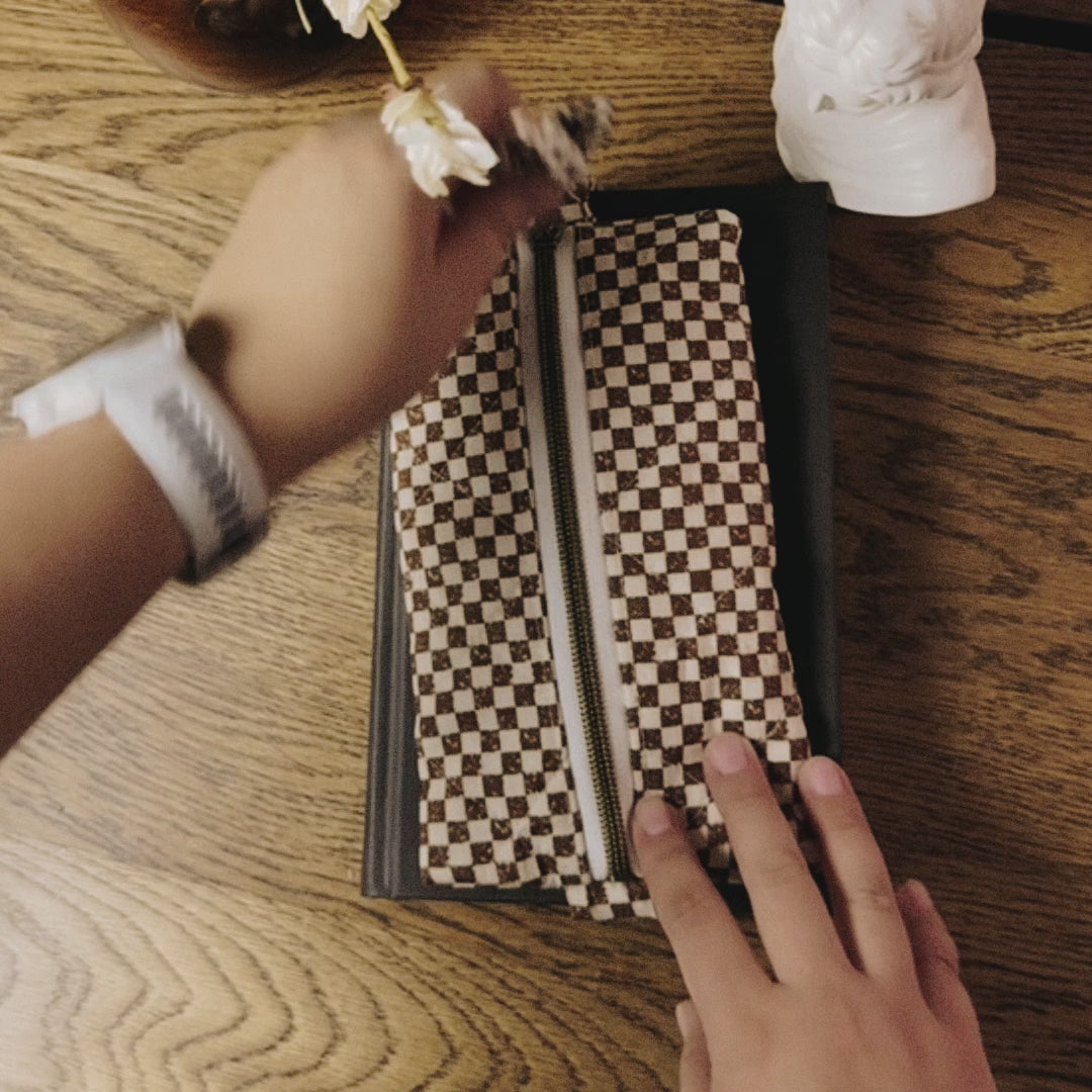 The Annotator’s Pencil Pouch |  Elastic Book Band Case  | Brown Checkered